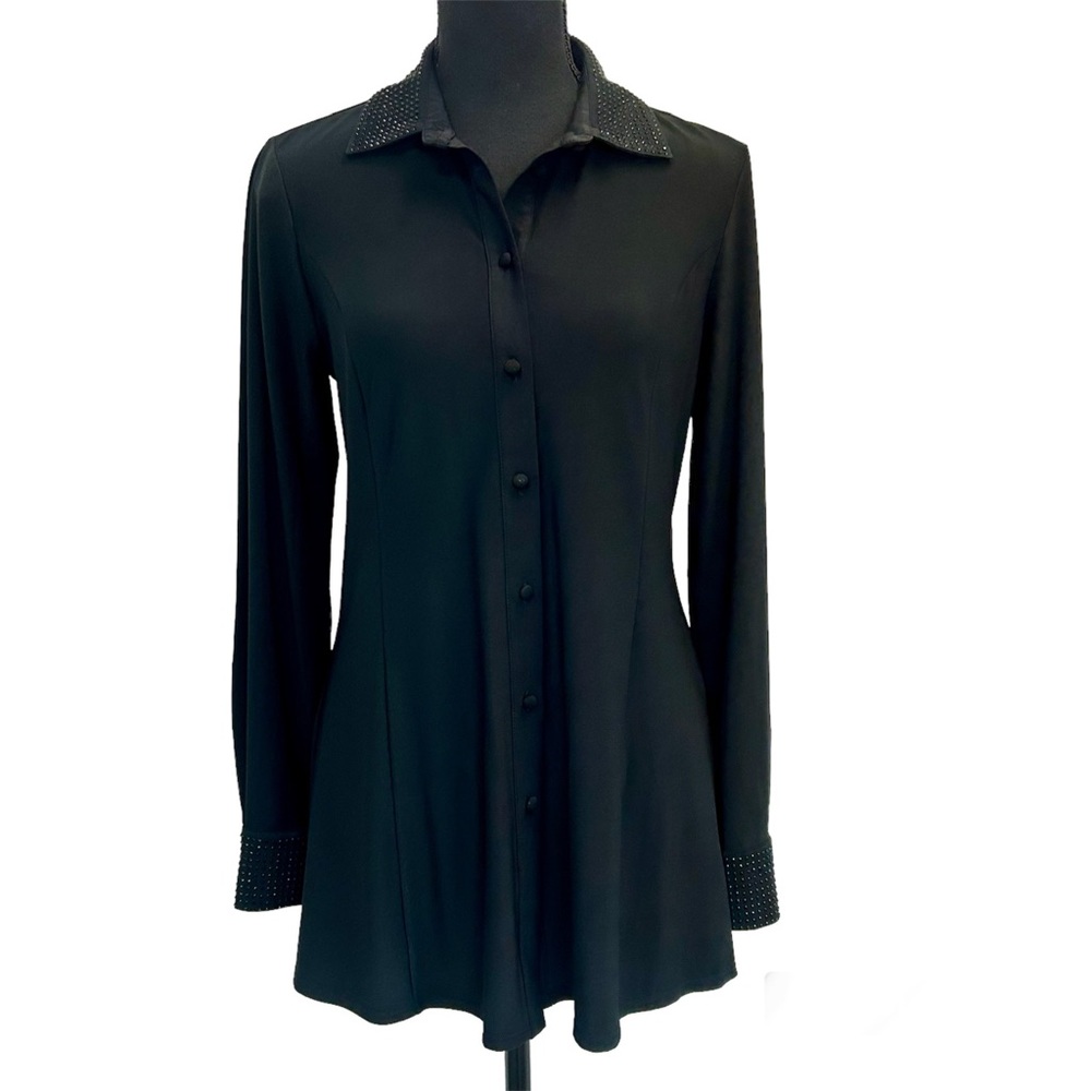 Melanie Lyne black rhinestone buttonfront blouse Sz S